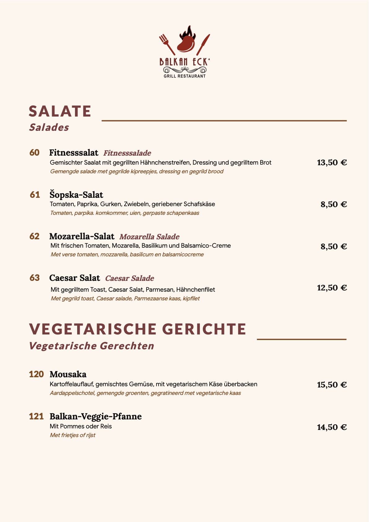 Salate und Vegetarische Gerichte: Fitnesssalat, Šopska-Salat, Mozzarella-Salat, Caesar Salat, Mousaka, Balkan-Veggie-Pfanne