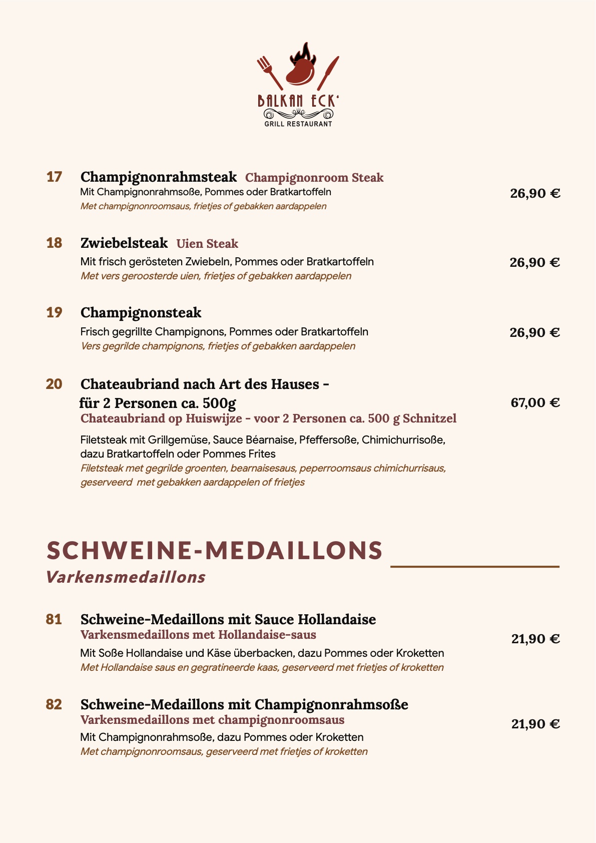 Champignonrahmsteak, Zwiebelsteak, Champignonsteak, Chateaubriand für 2 Personen, Schweine-Medaillons mit Sauce Hollandaise und Champignonrahmsoße