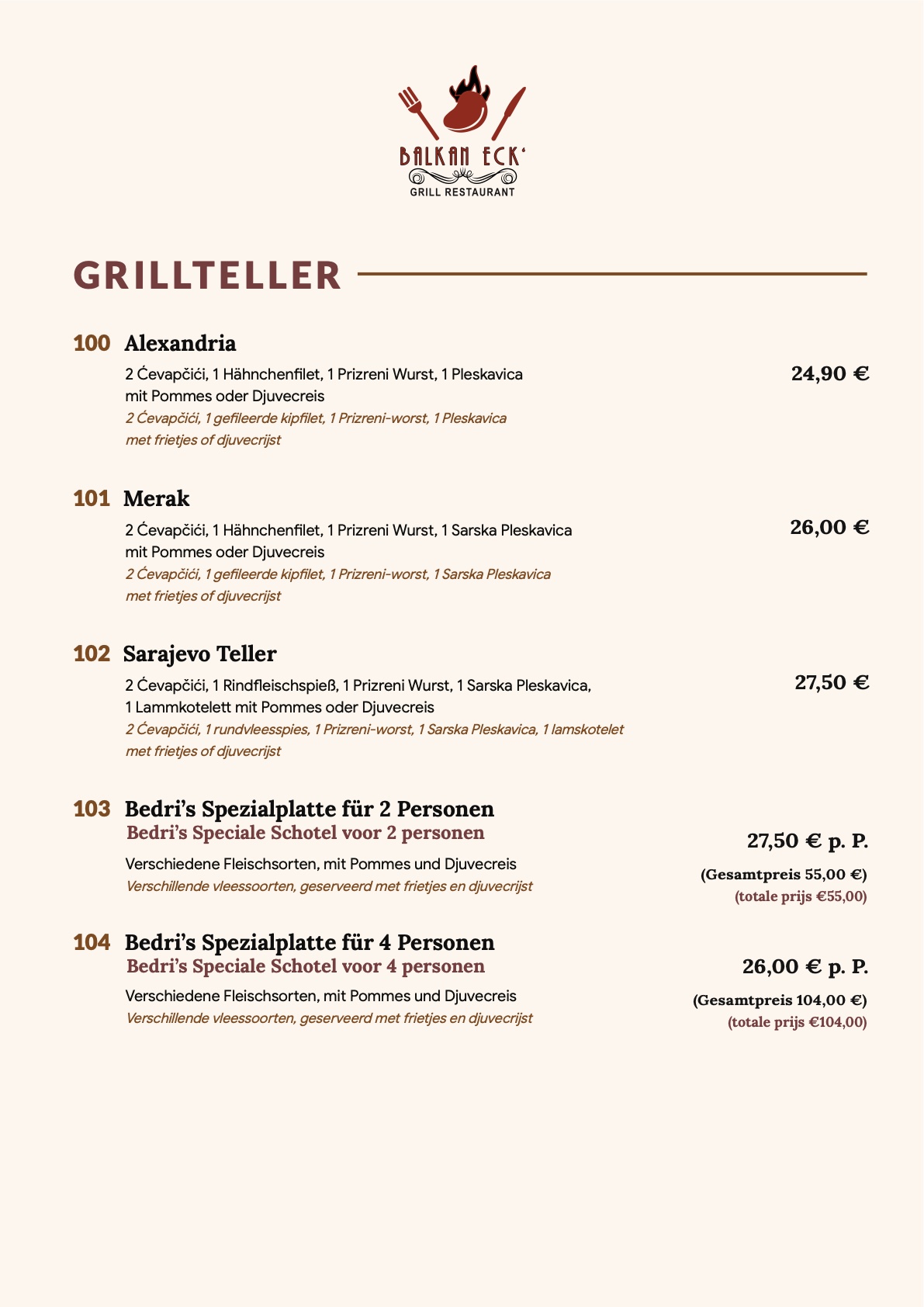 Grillteller: Alexandria, Merak, Sarajevo Teller, Bedri's Spezialplatte für 2 Personen, Bedri's Spezialplatte für 4 Personen