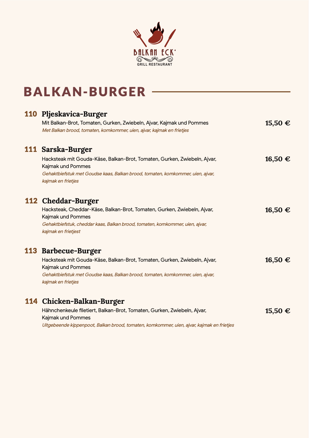 Balkan-Burger: Pljeskavica-Burger, Sarska-Burger, Cheddar-Burger, Barbecue-Burger, Chicken-Balkan-Burger